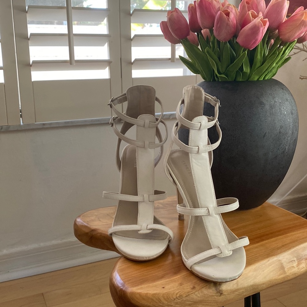 Express White T-Strap  Ankle Wrap 4 1/2” Heeled Sandal Size 8